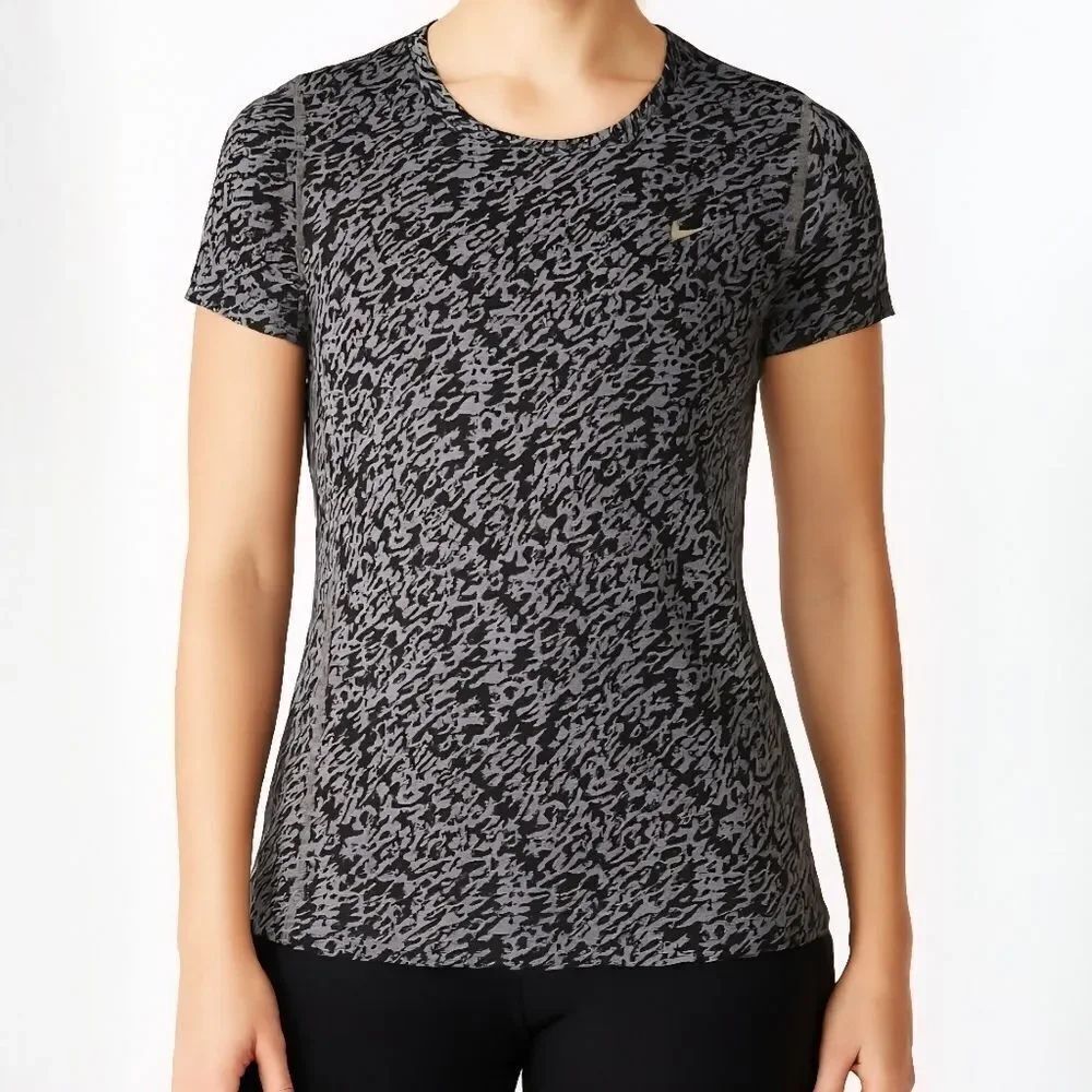 Nike Women's Dri-FIT Running Black Gray Print Short Sleeve Top